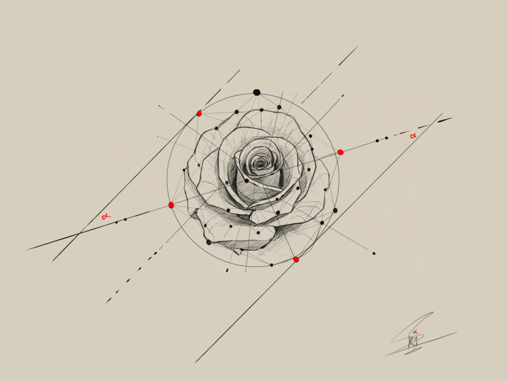 A detailed sketch of a rose surrounded by geometric tangent lines and points of contact, blending natural curves with mathematical precision. The composition includes highlighted angles and points, symbolizing the intersection of art and geometry.