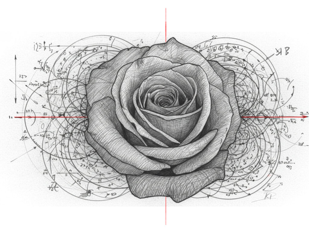 A stunning illustration of a rose intricately surrounded by mathematical equations, curves, and geometric constructs.