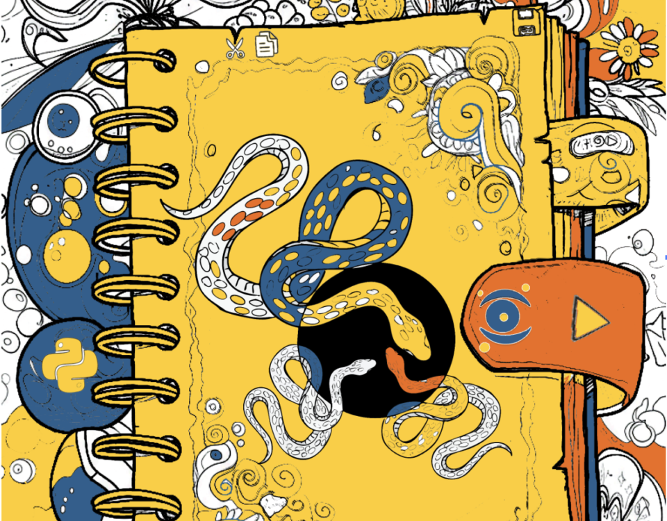 Colorful illustrated notebook with swirling snakes and Python-themed artwork representing a creative approach to learning Python coding.