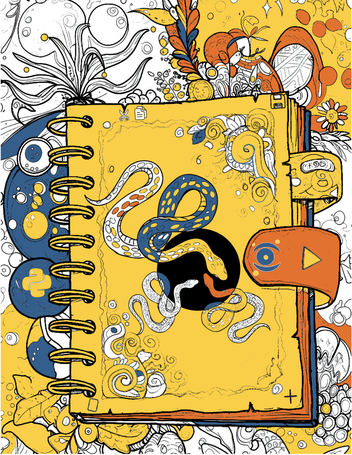 Colorful illustrated notebook with swirling snakes and Python-themed artwork representing a creative approach to learning Python coding.
