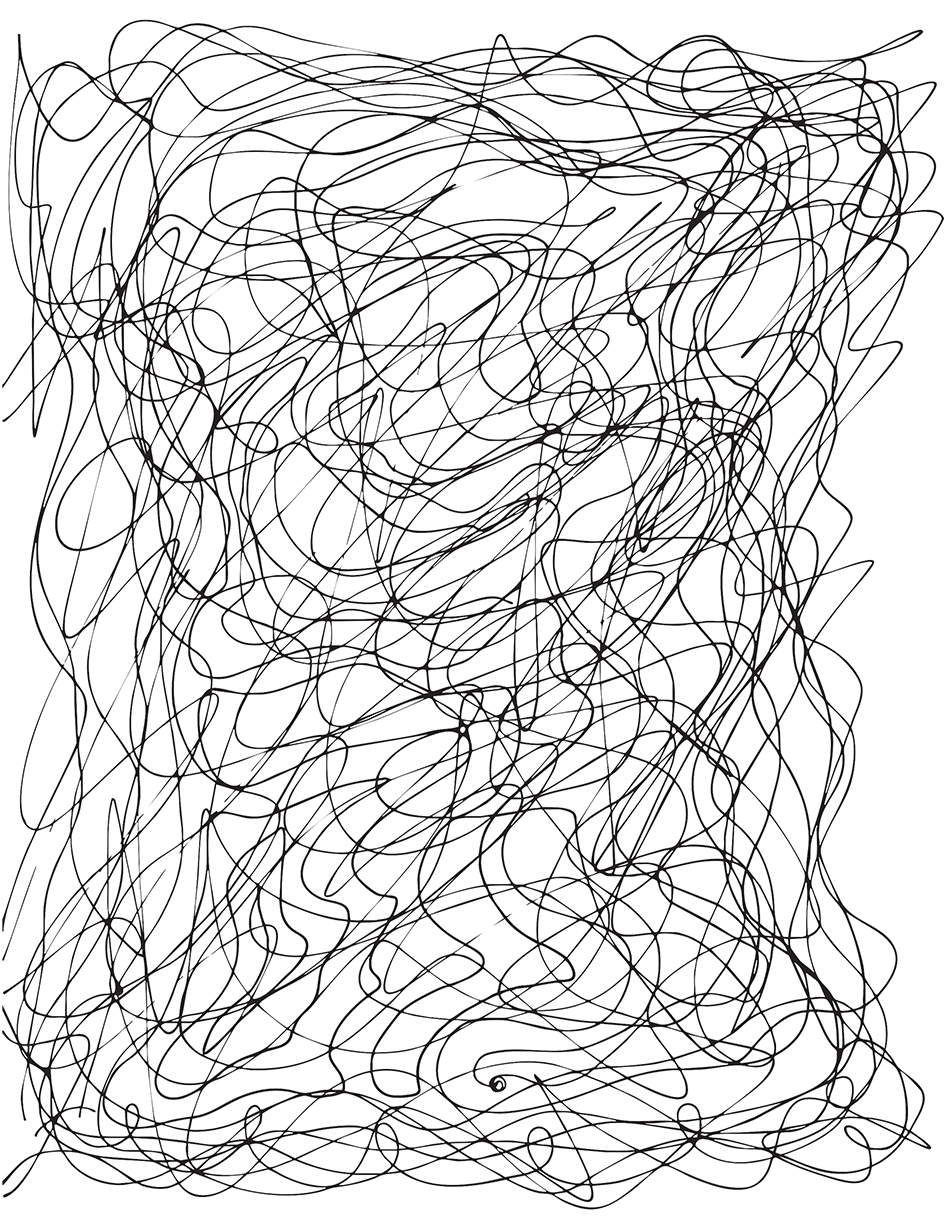Abstract black line art with overlapping squiggles forming a dense, chaotic web on a white background.