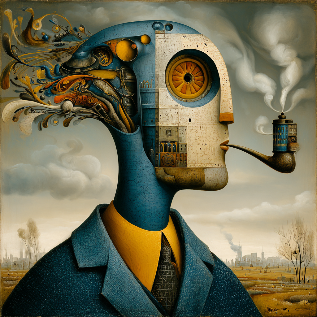 Surreal portrait of a human head merged with mechanical components, showing thoughts transforming into abstract forms, symbolizing AI and creativity