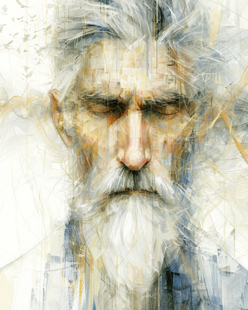 Abstract AI-generated portrait of a middle-aged man with gray hair and a white beard, eyes closed, surrounded by layered translucent lines and textured brushstrokes.