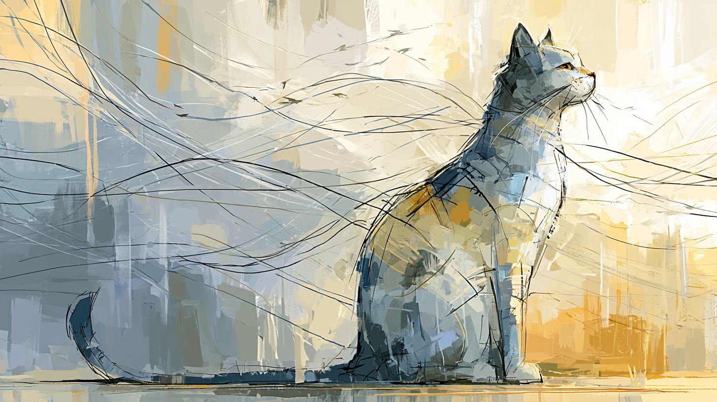 Abstract painting of a calm gray cat sitting quietly as flowing lines of wind, birdsong, and environmental movement pass around it.