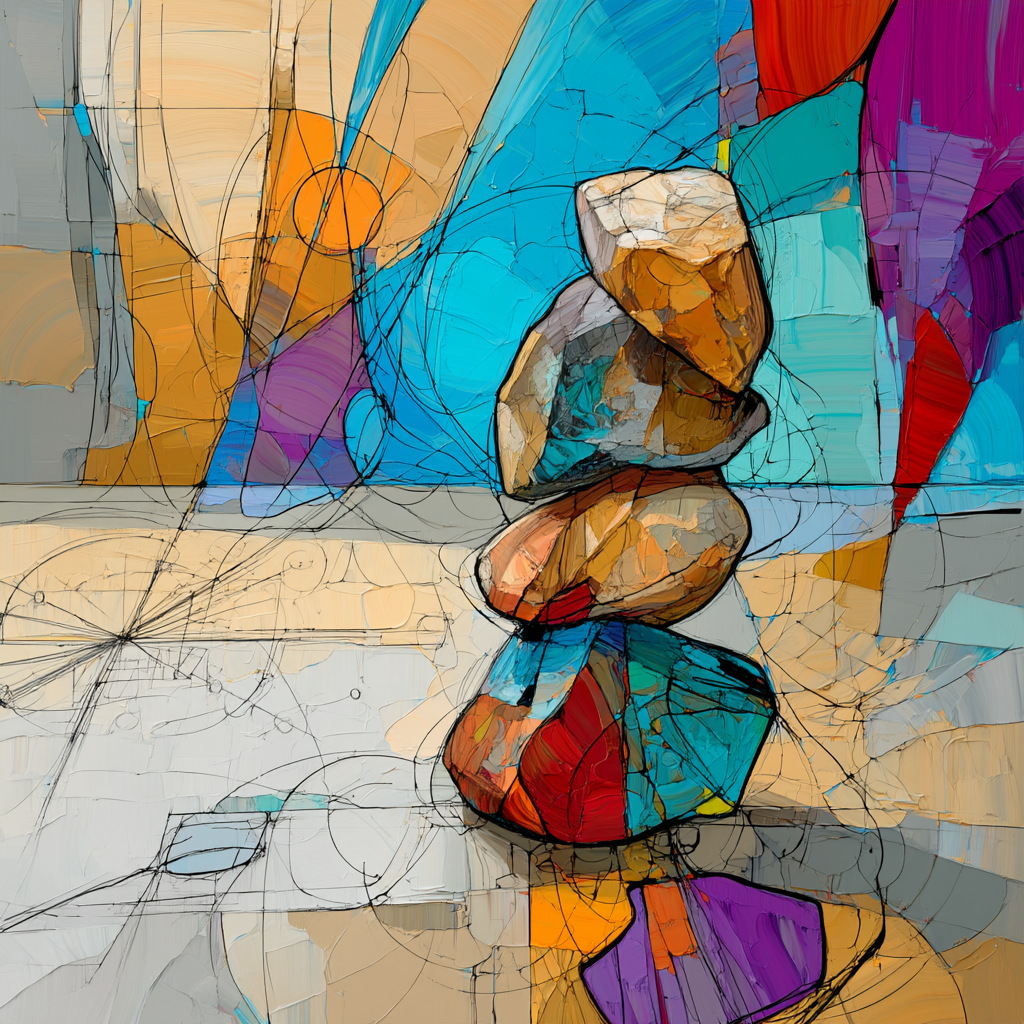 Colorful abstract painting of four precariously balanced rocks surrounded by geometric lines, circles, and mathematical sketches.